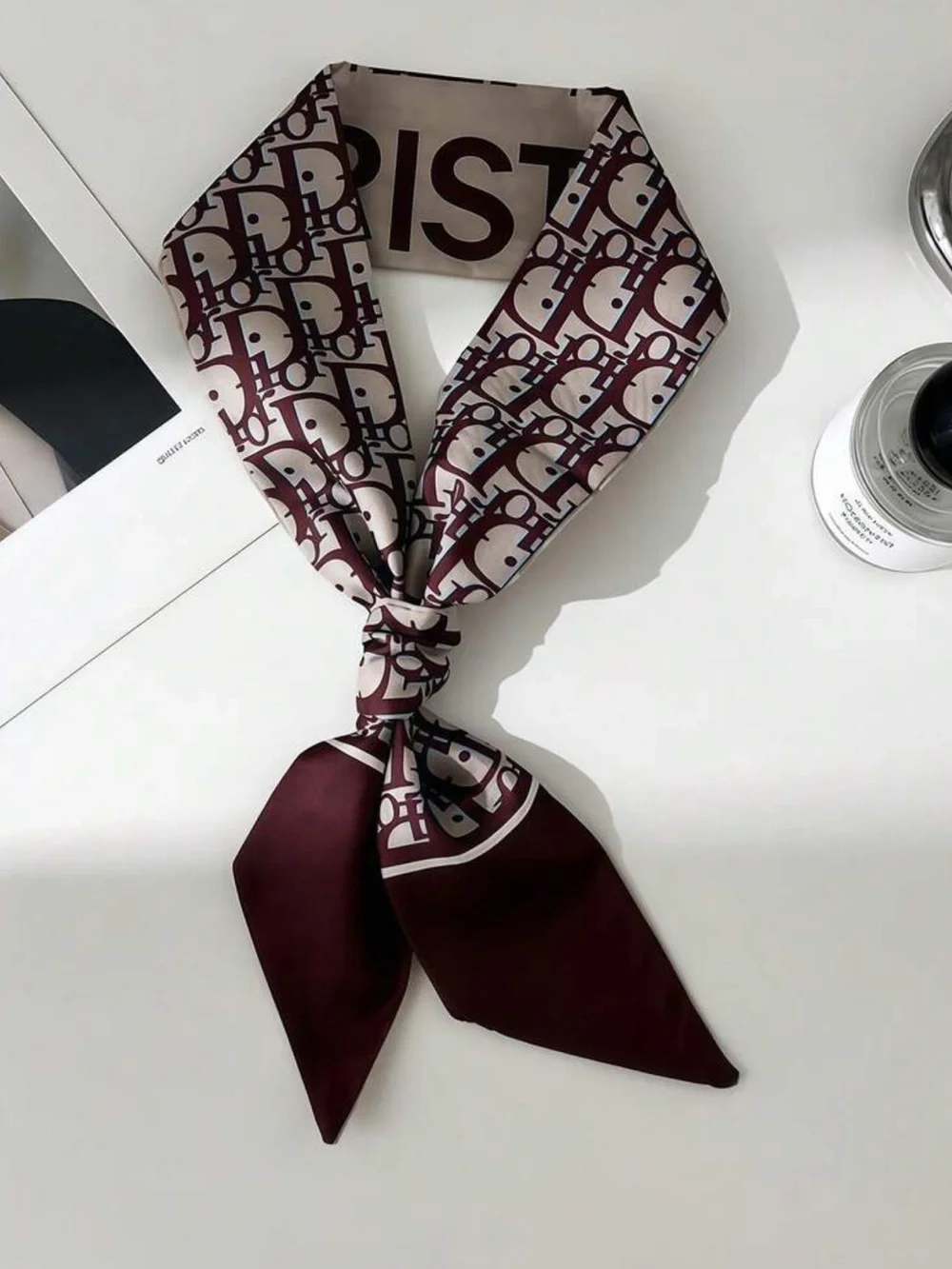 New Silk Logo-Print Neck Scarf in Burgundy and Cream